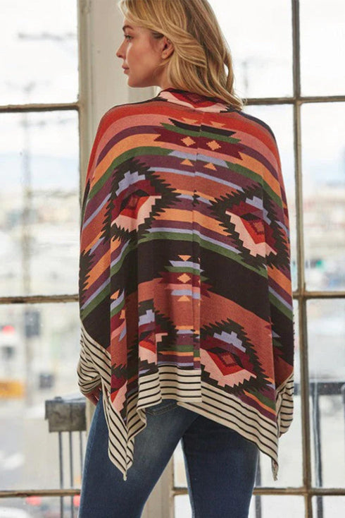 Multicolor Western Aztec Striped Mock Neck Dolman Sleeve Top